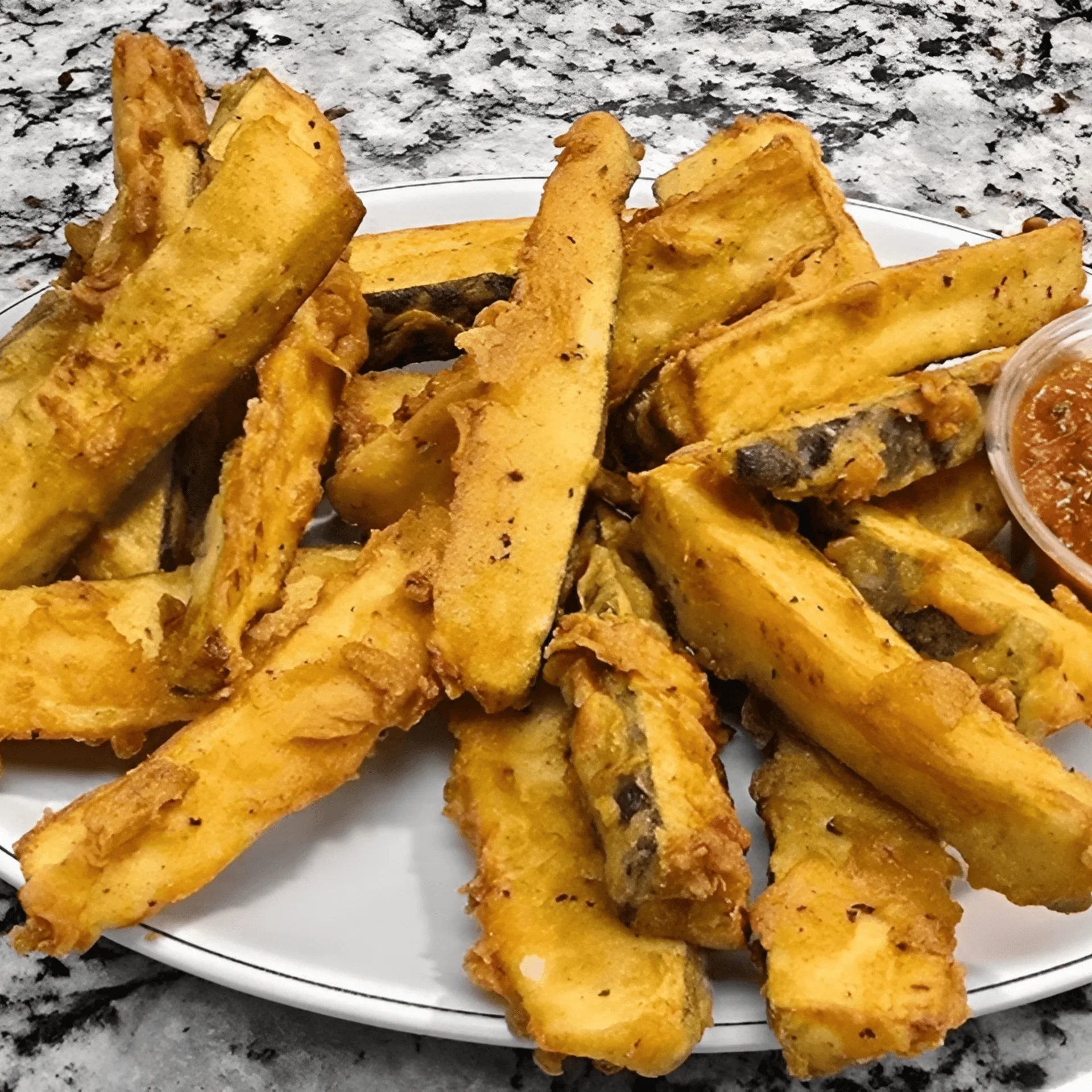 A white plate filled with golden-brown fried zucchini sticks and a side of marinara sauce.